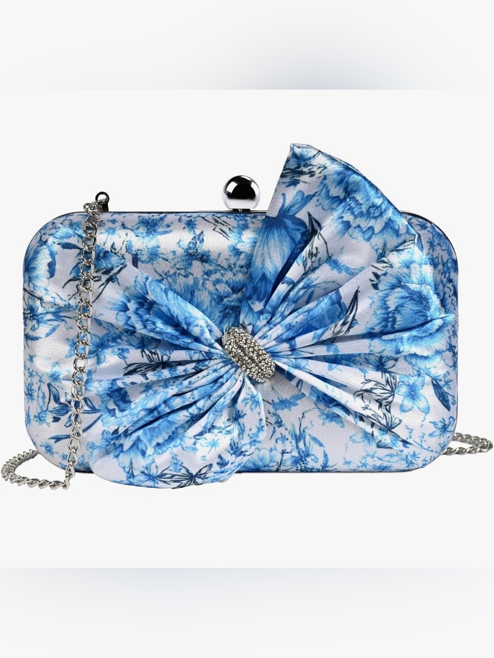 Blue Floral Satin Evening Clutch with Bow Detail